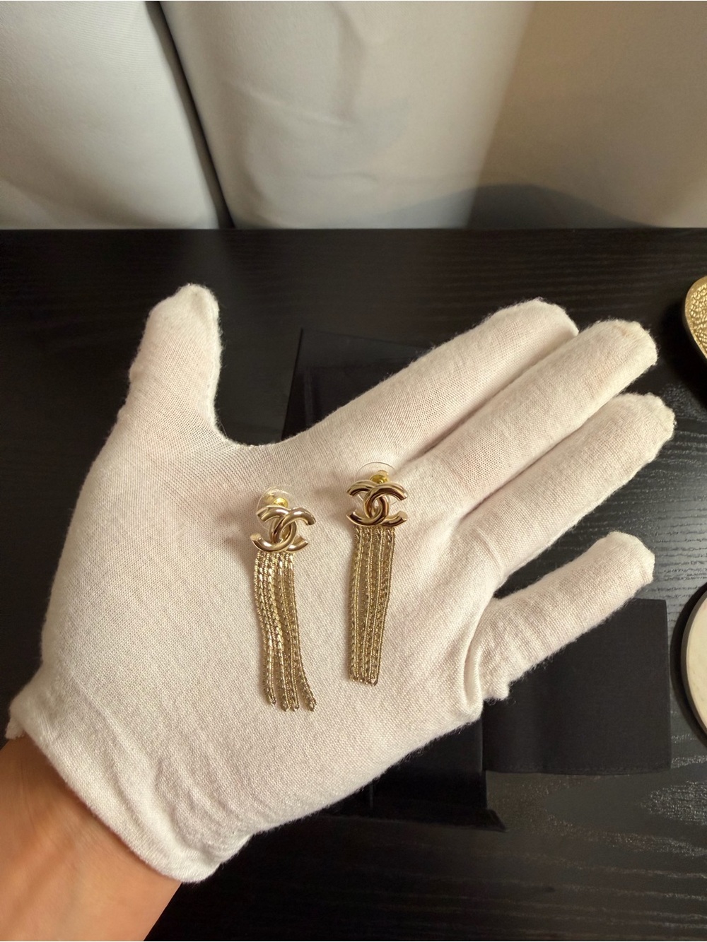 CHANEL Gold CC Chain Tassel Drop Earrings